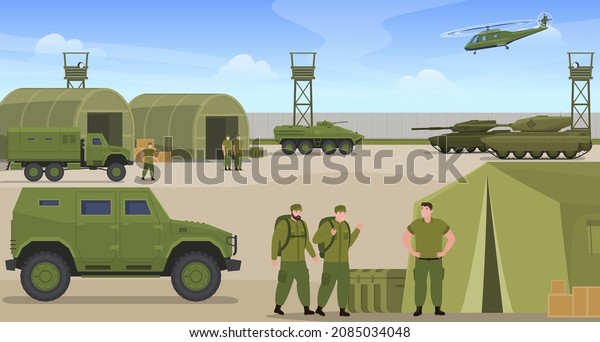 Military base with war transportation and\
soldiers vector flat cartoon illustration. Professional warriors in\
green uniform serve at army with weapon, tank, armoring cars,\
protective heavy\
equipment