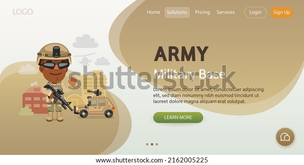 Military Base website template. Illustration\
of a cartoon soldier in full uniform stands in front of a military\
base and equipment. Composition with a professional man. Flat male\
character.