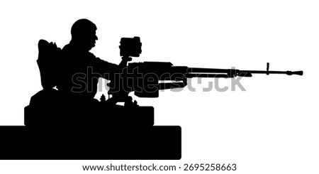 Military battle machine gunner aiming vector silhouette illustration isolated on white background. Soldier man with powerful rifle on top of tank. Tanker soldier operates deadly weapon. Ground troops.