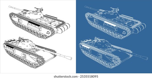 Tanque de batalla militar. Vector Planos técnicos de la línea de dibujos. aislado sobre fondo transparente