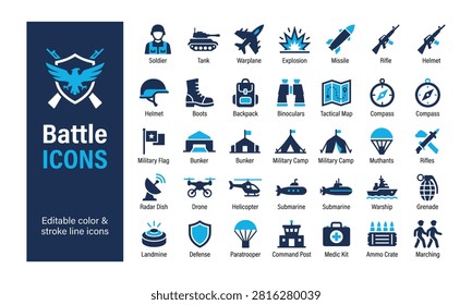 Military battle vector icons, editable color stroke line set, army weapons, soldier gear, tactical war equipment, defense combat flat symbols