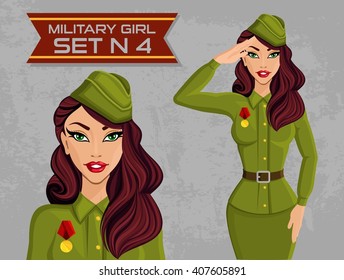 Military beautiful girl avatar young stylish people. Set number 4. Special clothing, vintage hairstyle, forage cap, uniforms, awards, medals. Vector illustration