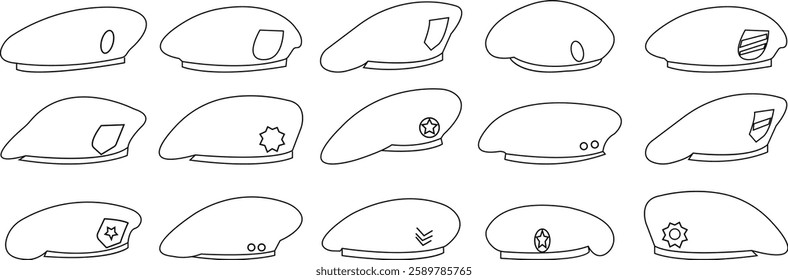 Military beret icon set, berets of army special forces designs emblem in simple styles represents military service, patriotism, and soldier's dedication to duty, isolated on transparent background,