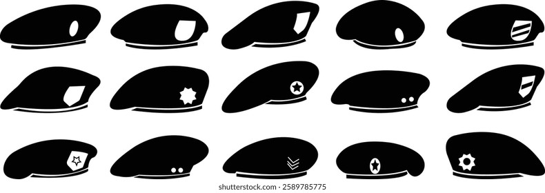 Military beret icon set, berets of army special forces designs emblem in simple styles represents military service, patriotism, and soldier's dedication to duty, isolated on transparent background,