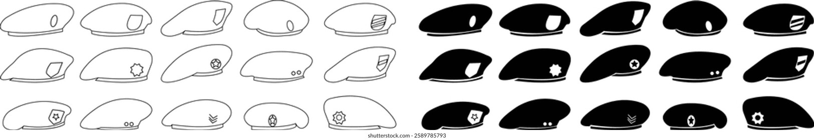 Military beret icon set, berets of army special forces designs emblem in simple styles represents military service, patriotism, and soldier's dedication to duty, isolated on transparent background,