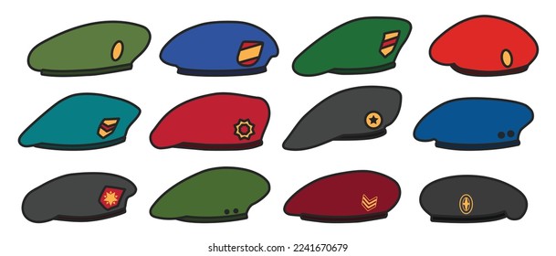 Military beret isolated color set icon. Vector illustration army cap on white background.Color set icon military beret .