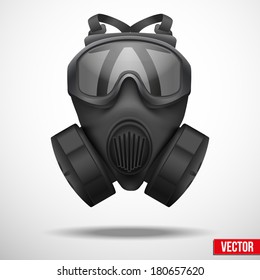 Military black gasmask respirator. Vector illustration. Rubber army symbol of defense and protect. Isolated on white background. Editable.