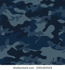 military blue camouflage background, dark army pattern, vector seamless modern illustration