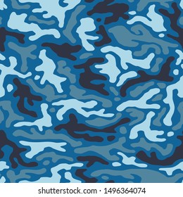 Military blue camouflage, war seamless texture, repeats vector background. Camo Pattern for Army Clothing, fabric hunting.