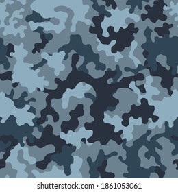 Military blue camouflage, War texture repeats, seamless background. Camo pattern for army clothing. Blue and gray color camouflage, fabric hunting.