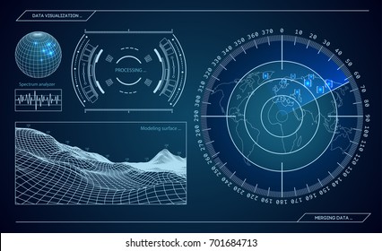 Military Blue Radar. Screen With Target. Futuristic HUD Interface. Stock Vector Illustration.