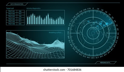 Military Blue Radar. Screen With Target. Futuristic HUD Interface. Stock Vector Illustration.