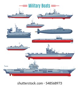 Military Boats Collection With Different Types Of Naval Combat Ships Frigates And Submarine Isolated Vector Illustration