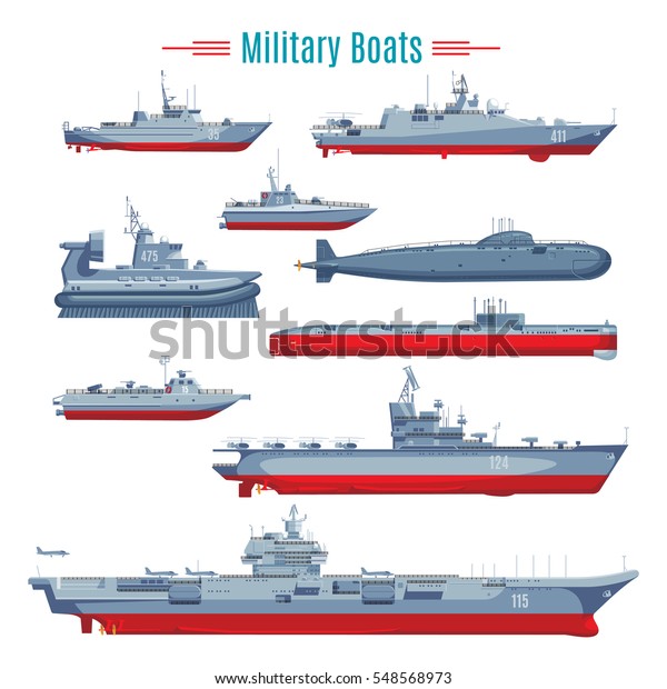 さまざまな種類の海戦艦のフリゲート艦と潜水艦の分離型ベクターイラストを持つ軍艦コレクション のベクター画像素材 ロイヤリティフリー