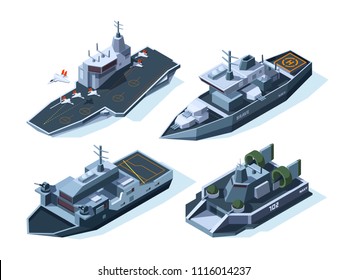 Military Boats Isometric. Vector American Navy. Military Boat, Ship, War Transport And Warship Illustration