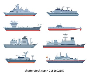 Military boats. Navy ship, sea or ocean transport. War boat with fighter aircraft. Isolated flat submarine, battleship and speedboat. Vessels exact vector set