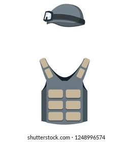 Military body armor to protect the soldier from bullet wounds. Special soldier's uniform. Man's outfit with a helmet for the head. Clothes for fighting and shooting.