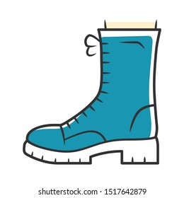 Military boots blue color icon. Women army rough shoes side view. Female chunky footwear design for fall, spring and winter season. Apparel, ladies clothing accessory. Isolated vector illustration