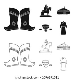Military boots, a monument to the rider, a national tent, a milk drink. Mongolia set collection icons in black,outline style vector symbol stock illustration web.