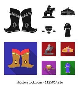 Military boots, a monument to the rider, a national tent, a milk drink. Mongolia set collection icons in black, flat style vector symbol stock illustration web.