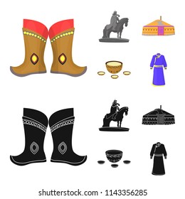Military boots, a monument to the rider, a national tent, a milk drink. Mongolia set collection icons in cartoon,black style vector symbol stock illustration web.