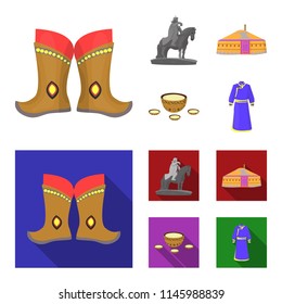 Military boots, a monument to the rider, a national tent, a milk drink. Mongolia set collection icons in cartoon,flat style vector symbol stock illustration web.