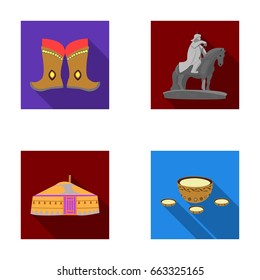 Military boots, a monument to the rider, a national tent, a milk drink. Mongolia set collection icons in flat style vector symbol stock illustration web.