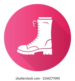 Military Boots Pink Flat Design Long Shadow Glyph Icon. Women Army Rough Shoes. Female Chunky Footwear For Fall, Spring And Winter Season. Ladies Clothing Accessory. Vector Silhouette Illustration