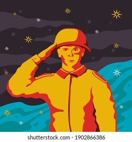 A military boy makes a military salute. Pop art in the Soviet style. The poster.