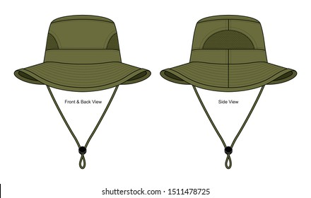 Military Bucket Hat with Mesh Both Sides and Rope-Cord Stopper Template on White Background. Front, Back, and Side Views, Vector File.