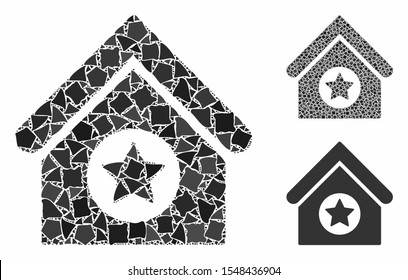 Military building composition of abrupt pieces in different sizes and color hues, based on military building icon. Vector raggy pieces are organized into composition.