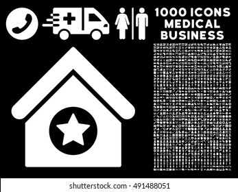 Military Building icon with 1000 medical business white vector pictograms. Set style is flat symbols, black background.