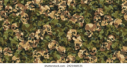 Military camo abstract seamless pattern with skulls. Camouflage in green colors. Stock vector background for your design.