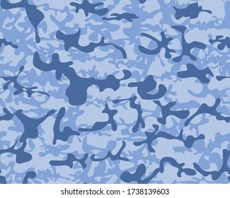 Military Camo Brush. Blue Camo Paint. Tree Urban Canvas. Fabric Sea Pattern. Sea Repeat Pattern. Woodland Vector Background. Blue Navy Camouflage Seamless Print. Hunter Seamless Camouflage.