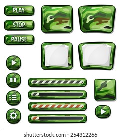 Military Camo Icons Elements For Ui Game/ Illustration of a set of various cartoon design ui military, hunter and camo elements, banners, signs, buttons, load bar and app icon background for tablet pc