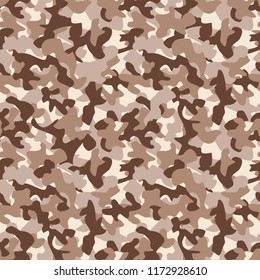 Military camo seamless pattern. Camouflage backdrop in desert brown. Stock vector background.