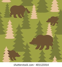 Military camouflage background bears in woods. Wild Beasts and trees Protective seamless pattern. Army soldier texture for clothes. Ornament for hunter. Soldier khaki ornament
