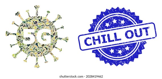 Military camouflage collage of 5G virus, and Chill Out textured rosette stamp. Blue stamp seal contains Chill Out text inside rosette. Mosaic 5G virus designed with camouflage items.