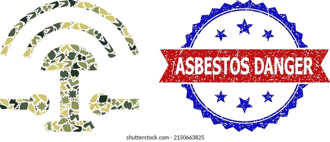 Military camouflage collage of alarm button ring icon, and bicolor grunge Asbestos Danger watermark. Vector watermark with Asbestos Danger title inside red ribbon and blue rosette,