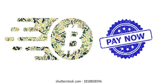 Military camouflage collage of bitcoin coin, and Pay Now grunge rosette stamp. Blue seal contains Pay Now tag inside rosette. Mosaic bitcoin coin designed with camouflage items.