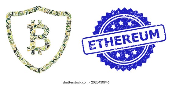 Military camouflage collage of bitcoin shield, and Ethereum scratched rosette stamp seal. Blue stamp seal contains Ethereum title inside rosette. Mosaic bitcoin shield designed with camouflage spots.