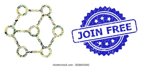 Military camouflage collage of blockchain, and Join Free grunge rosette stamp seal. Blue stamp seal contains Join Free tag inside rosette. Mosaic blockchain constructed with camouflage texture.