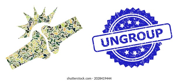 Military camouflage collage of bone joint fracture, and Ungroup scratched rosette stamp seal. Blue stamp contains Ungroup tag inside rosette.