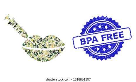 Military camouflage collage of botox lips injection, and Bpa Free corroded rosette seal imitation. Blue stamp seal includes Bpa Free title inside rosette.