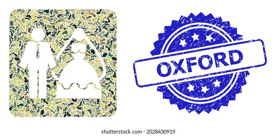 Military camouflage collage of bride and groom, and Oxford grunge rosette stamp seal. Blue stamp includes Oxford caption inside rosette. Mosaic bride and groom constructed with camouflage elements.