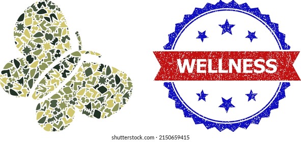 Military camouflage collage of butterfly icon, and bicolor unclean Wellness seal. Vector imprint with Wellness text inside red ribbon and blue rosette, unclean bicolored style.