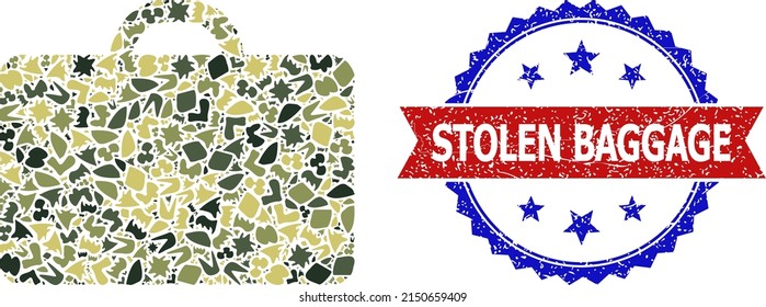 Military camouflage collage of case icon, and bicolor scratched Stolen Baggage stamp. Vector seal with Stolen Baggage title inside red ribbon and blue rosette, unclean bicolored style.