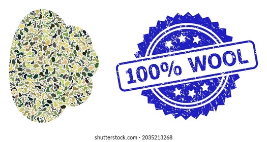 Military camouflage collage of cloud, and 100 percent Wool rubber rosette stamp seal. Blue seal includes 100 percent Wool text inside rosette. Mosaic cloud constructed with camouflage texture.