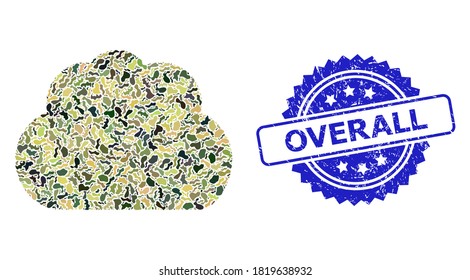 Military camouflage collage of cloud, and Overall scratched rosette stamp. Blue stamp seal includes Overall title inside rosette. Mosaic cloud constructed with camouflage elements.