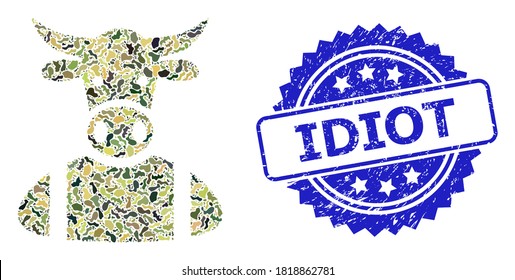 Military camouflage collage of cow boy, and Idiot scratched rosette seal imitation. Blue stamp seal includes Idiot text inside rosette. Mosaic cow boy designed with camouflage items.